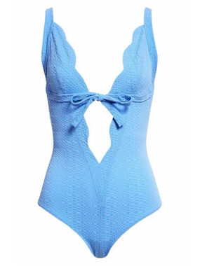 Lisa Marie Fernandez Scallop Bow Cutout Seersucker 1 Pc Swimsuit SZ 0 Azure $575